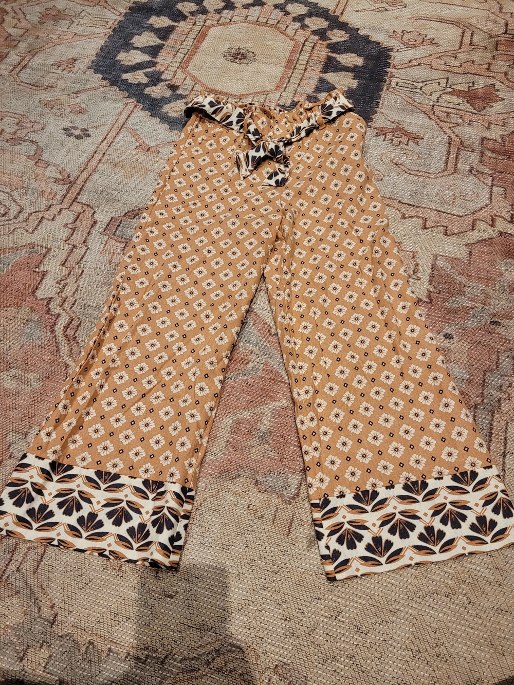 Marshalls Tan Floral Wide-Leg Linen Tie-Waist Pants